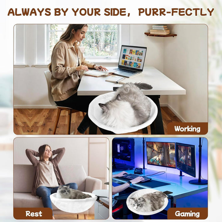 Pat de birou pentru pisici, pat de birou extra mare și care economisește spațiu cu o capacitate de încărcare de 23 kg, hamac moale din blană artificială pentru birou și jucători, detașabil și lavabil (alb)