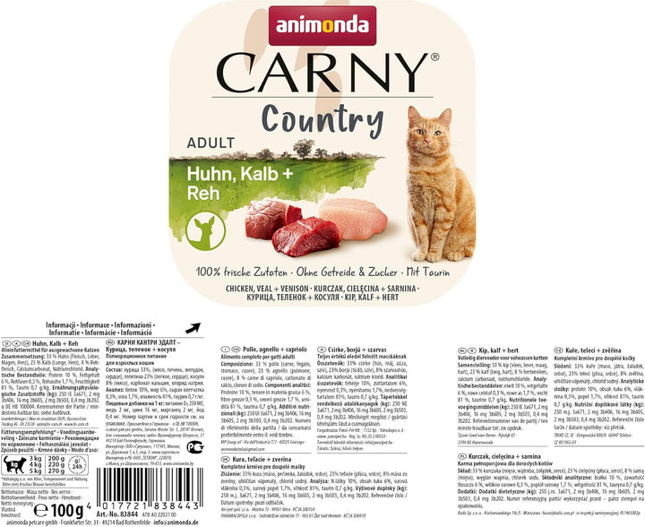Carny Country Cat Food Wet Chicken + Veal + Venison (32 X 100G), hrană umedă pentru pisici de la Animonda fără cereale și zahăr, cu ingrediente din carne proaspătă