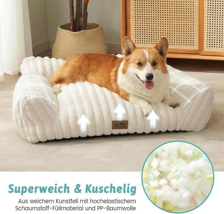 Canapea COZY KISS pentru pisici mici și mari, pat confortabil pentru pisici cu margini de susținere și bază antiderapantă, lavabil, blană artificială moale, ideal pentru sufragerie sau dormitor (crem, 65 x 44 x 30)