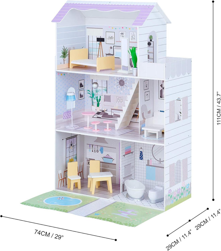 Teamson Kids Olivias Little World Giant Doll House cu 16 accesorii pentru păpuși, casă de păpuși din lemn cu mobilier, cu 3 etaje, casă de păpuși pentru copii pentru păpuși de 12 inci/30 cm, vârsta 3 ani+ Casute de papusi Naty Shop