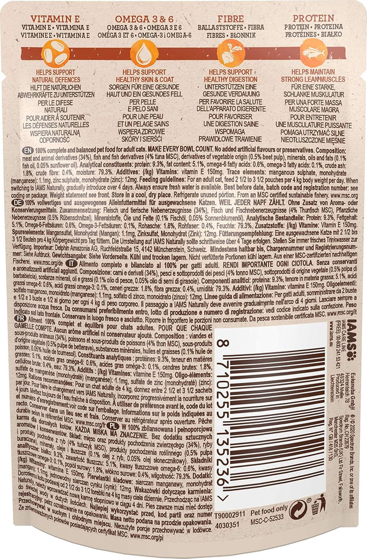 Iams Naturally Tuna Cat Food Wet, hrană umedă premium pentru pisici adulte în sos, 24 X 85G