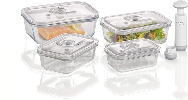 Caso VacuBoxx E-Set - 4 recipiente pătrate de vid extrem de stabile și set de recipiente de vid, recipiente rezistente la rupere și la spălarea vaselor, 3 recipiente de vid pentru alimente sensibile la presiune și lichide Cutii depozitare alimente Naty Shop