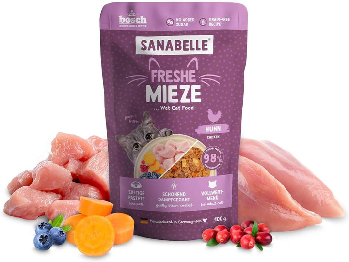 Sanabelle Freshe Mieze - Pui | Pungă de 100 g complet reciclabilă | Hrană umedă pentru pisici gătită la aburi | Hrană pentru pisici proaspăt gătită | O marcă Bosch Pet Food