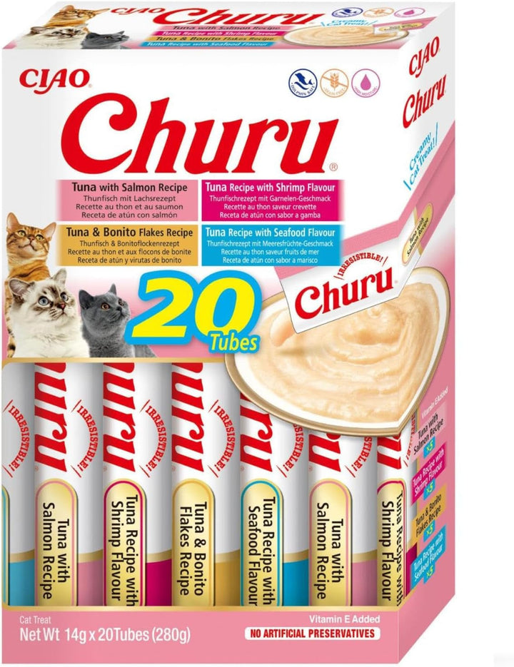 INABA Churu Hairball Control anti Hairball Tratamente premium pentru pisici cu taurină și fibre, pui și ton 20 X 14 G | Fără cereale, fără zahăr, fără subproduse, anti hairball cat