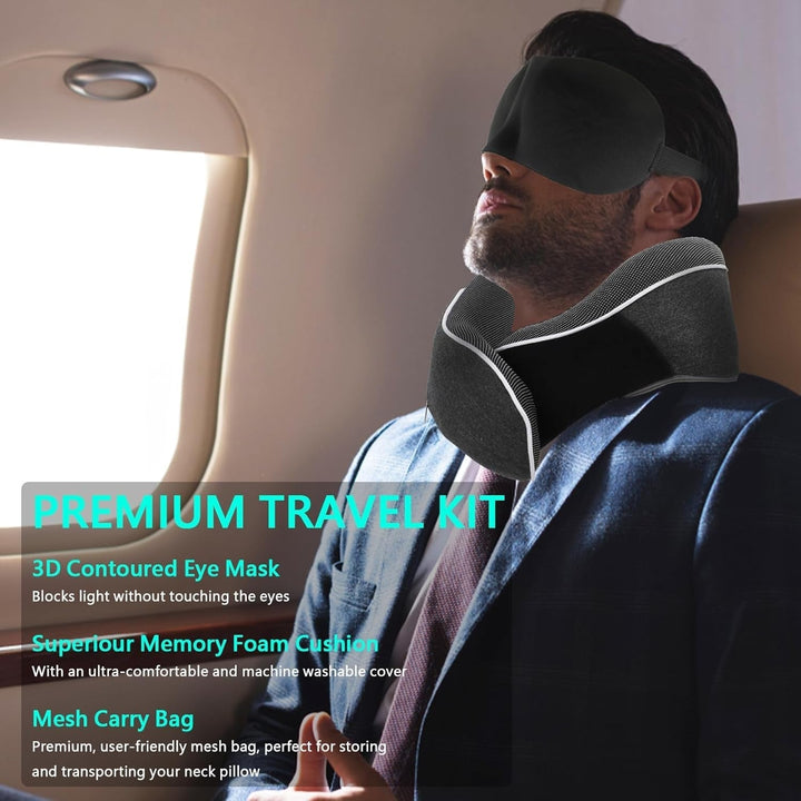 KILDOWS Pernă de gât pentru avion, pernă de călătorie din spumă cu memorie, pernă de călătorie pentru avion cu mască pentru ochi și dopuri pentru urechi, pernă ortopedică pentru gât, ideală pentru călătorii cu avionul, mașina, trenul Perne ortopedice cervicale Naty Shop