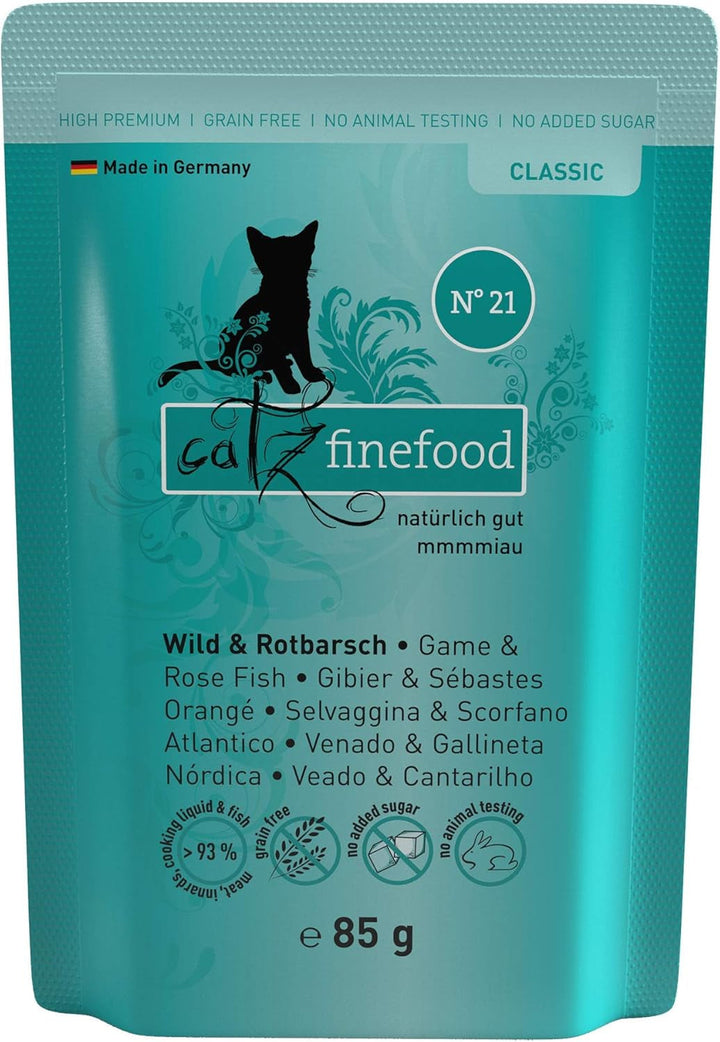 Catz Finefood N° 21 Game & Redfish Delicatessen Hrană umedă pentru pisici, rafinată cu cartofi și afine, cutii de 6 X 800G