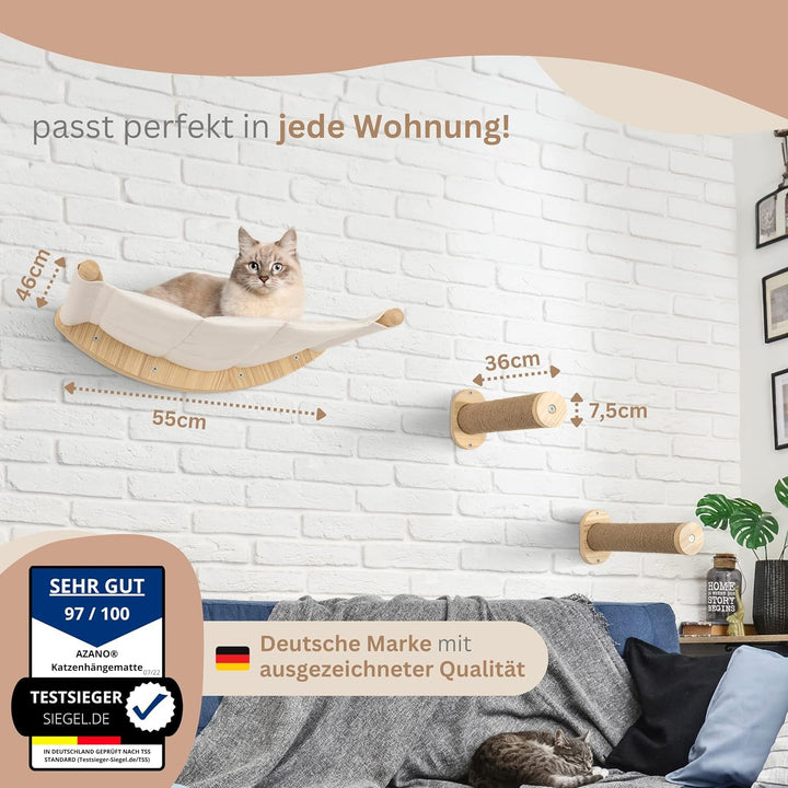 AZANO® Perete de cățărat pentru pisici | Hamac pentru pisici XL [Extra stabil și mare] cu scări pentru pisici pe perete | Scară pentru pisici cu zonă de dormit | Pat pentru pisici pentru cățărat, fabricat din lemn natural | 3 piese