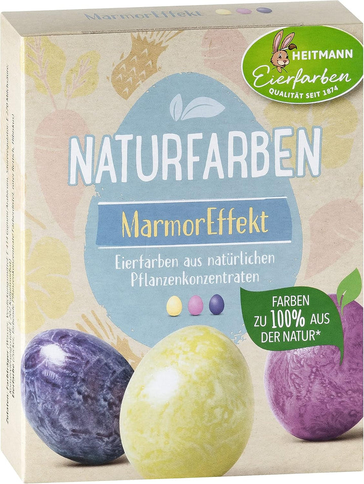 Set de vopsire naturală Heitmann Egg Dye, 3 pudre de colorare pe bază de ou (galben, violet, gri-albastru), foaie de autocolante din hârtie cu iarbă