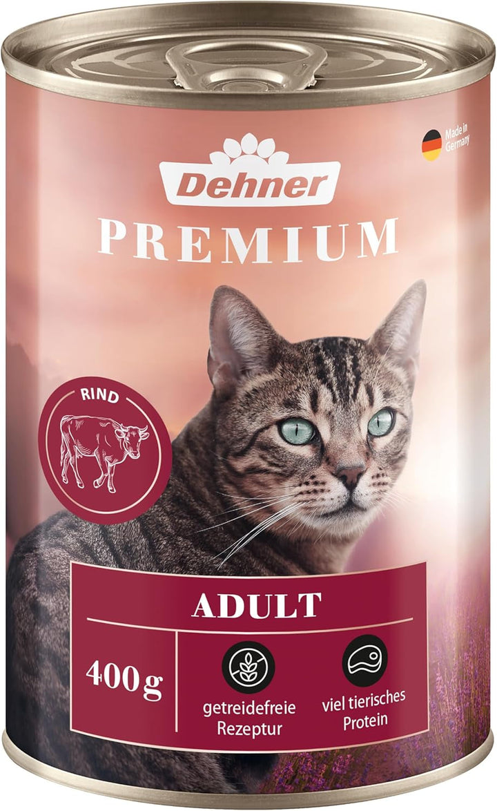 Dehner Premium Cat Food, Hrană umedă fără cereale, Pentru pisici adulte, Carne de vită, cutie 6 X 400 G (2,4 kg)