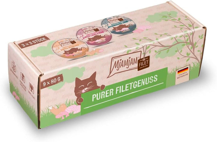 Mjamjam - Hrană umedă premium pentru pisici - Chicks & Friends Box, 9 pachete (9 X 300G), fără cereale și cu carne suplimentară