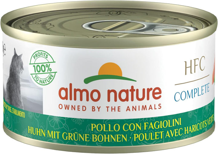 Almo Nature - HFC Complete - Pui cu fasole verde - hrană umedă pentru pisici adulte, 24 de pachete a 70g