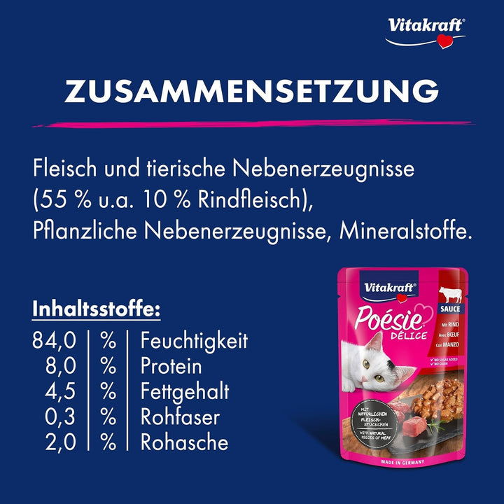 Vitakraft Poésie Délice, hrană umedă pentru pisici, hrană umedă pentru pisici în sos, cu carne de vită, preambalată, fără adaos de zahăr și cereale (23X 85G)