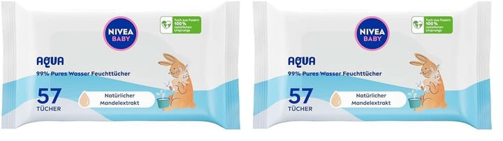 NIVEA Baby AQUA Feuchttücher, Baby Feuchttücher Zur Sanften Reinigung Empfindlicher Haut, Hypoallergene Und Parfümfreie Feuchttücher Für Babys Mit 99% Wasser (1 X 57 Stück) Servetele Umede Bebelusi Naty Shop 57 Stück (2Er Pack)