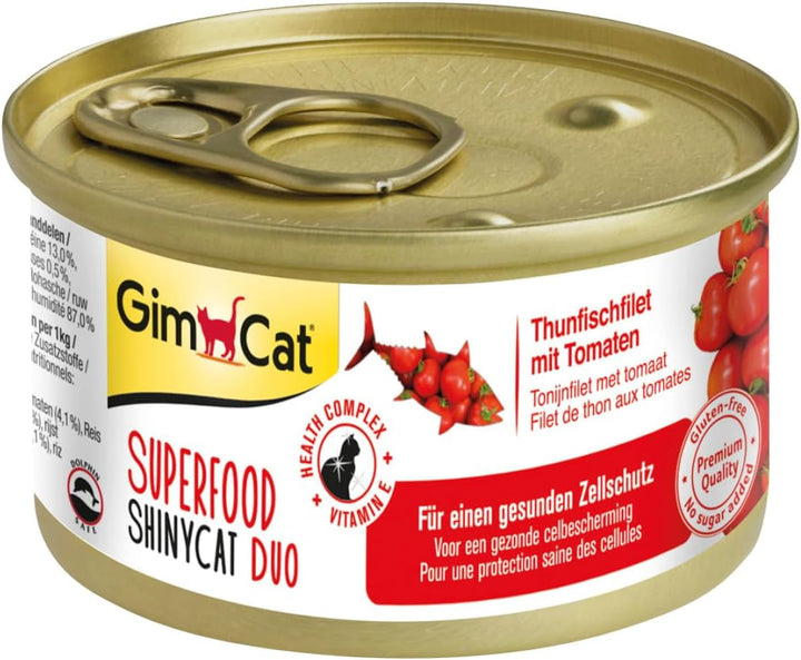 Gimcat Superfood Shinycat Duo Tuna With Tomatoes - Hrană pentru pisici cu file suculent fără zahăr adăugat pentru pisici adulte - 24 cutii (24 X 70 G)