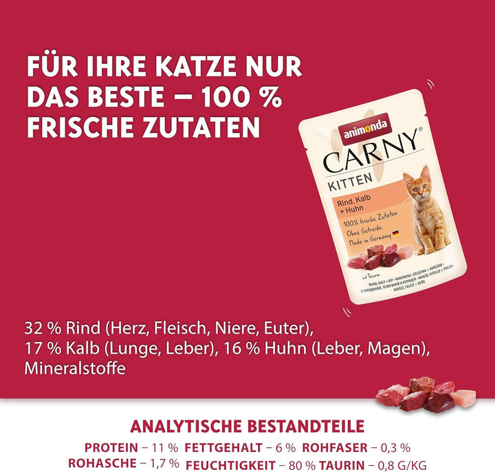 Animonda Carny Kitten Beef, Veal + Chicken (12 X 85 G), hrană umedă pentru pisoi în creștere, hrană pentru pisici fără cereale și zahăr, hrană umedă pentru pisici cu 100% ingrediente proaspete