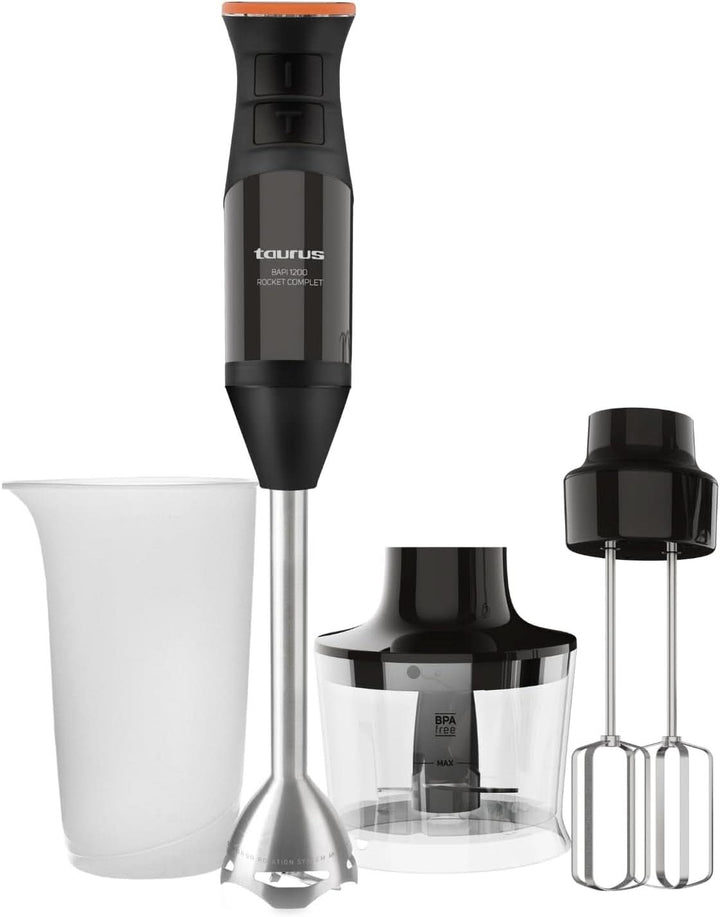 Taurus Stabmixer 1000W | 20 Geschwindigkeitsstufen | Turbo-Funktion | 4 Edelstahlklingen | Ergonomisches Soft-Touch-Design | Spritzschutz | Zubehör | Edelstahl | Elektrisch |Kunststoff, Silber/Schwarz Mama si Copilul Naty Shop 1200W | 3 Zubehör