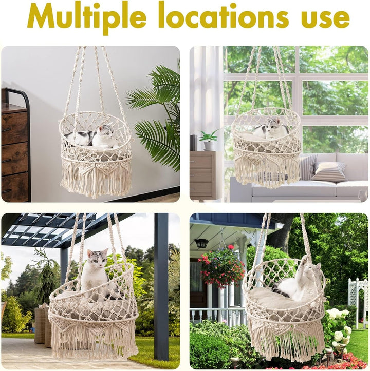 MEWOOFUN Hamac pentru pisici, țesut manual, din macrame - Leagăn pentru pisici de interior, pat decorativ suspendat pentru dormit, joacă și relaxare - Cuib de pisică, leagăn pentru animale de companie cu