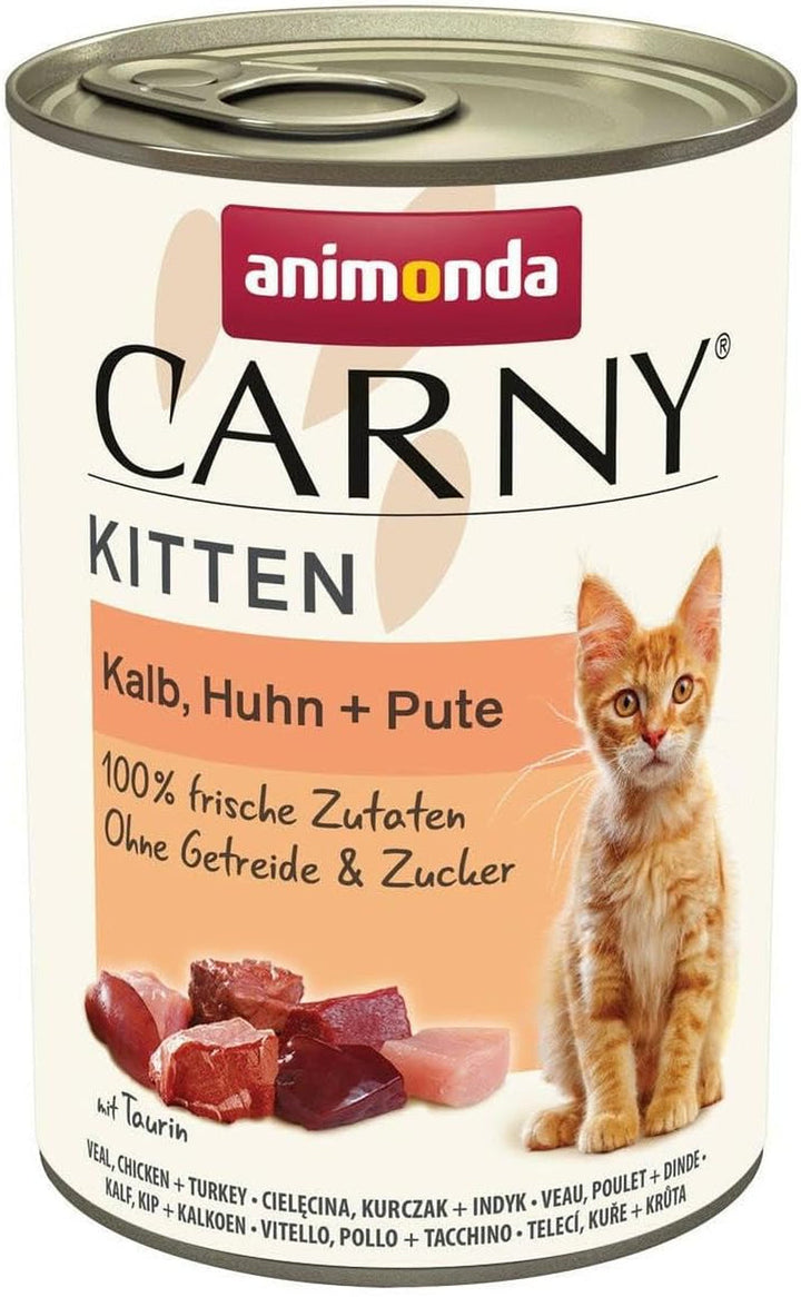 Animonda Carny Kitten Beef, Veal + Chicken (12 X 85 G), hrană umedă pentru pisoi în creștere, hrană pentru pisici fără cereale și zahăr, hrană umedă pentru pisici cu 100% ingrediente proaspete