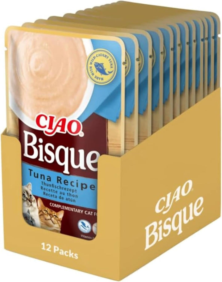 INABA Ciao Bisque Hrană umedă pentru pisici cu conținut scăzut de calorii cu 28% pui | Fără cereale, fără zahăr, fără subproduse, pastă cremoasă și supă delicioasă pentru pisici din Japonia 40 G (pachet de 12)