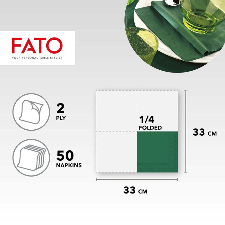 , Șervețele de hârtie de unică folosință, Ideal pentru prânzuri informale și bufete, Pachet de 50 de șervețele, Dimensiune 33X33, 4 ori pliate, 2 straturi, Verde pădure, 100% hârtie din celuloză pură, certificat Fsc