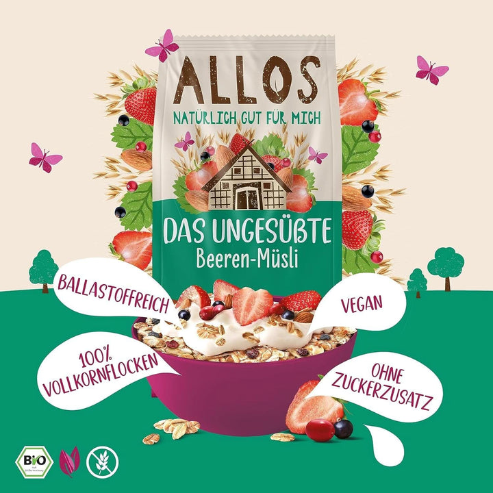 Allos, muesli de fructe de pădure neîndulcit, pachet 5 x 500 grame Cereale Naty Shop