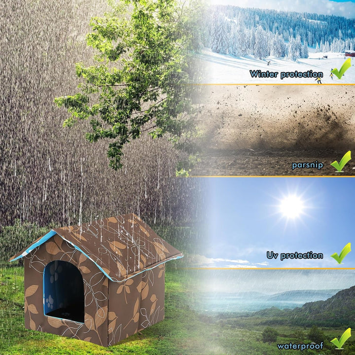 Căsuță pentru pisici în aer liber, rezistentă la iarnă, impermeabilă, caldă, adăpost pliabil pentru animale de companie pentru pisici, peșteră pentru pisici, pat pentru pisici cu pernă detașabilă pentru animale de companie fără stăpân (maro, pătrat)