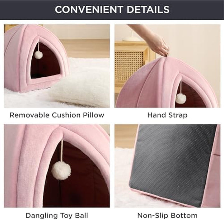 BEDSURE Peșteră pentru Pisici Roz - Pat Pliabil pentru Pisici cu Pernă Lavabilă, Cort pentru Pisici, Animale de Companie Mici și Medii, Casă de Pisici de Interior Moale și Călduroasă, 40 x 40 x 40 cm