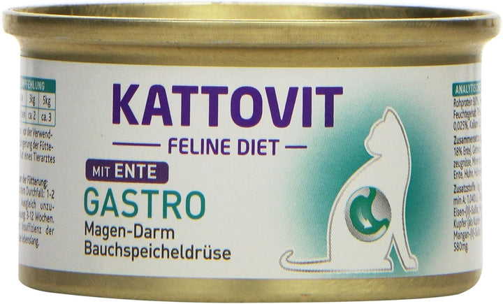 KATTOVIT - Gastro Hrană umedă pentru pisici | Hrană umedă pentru pisici pentru susținerea sistemului gastrointestinal | Hrană dietetică completă într-o cutie pentru pisici adulte. Fără gluten | 12 X 185 G E