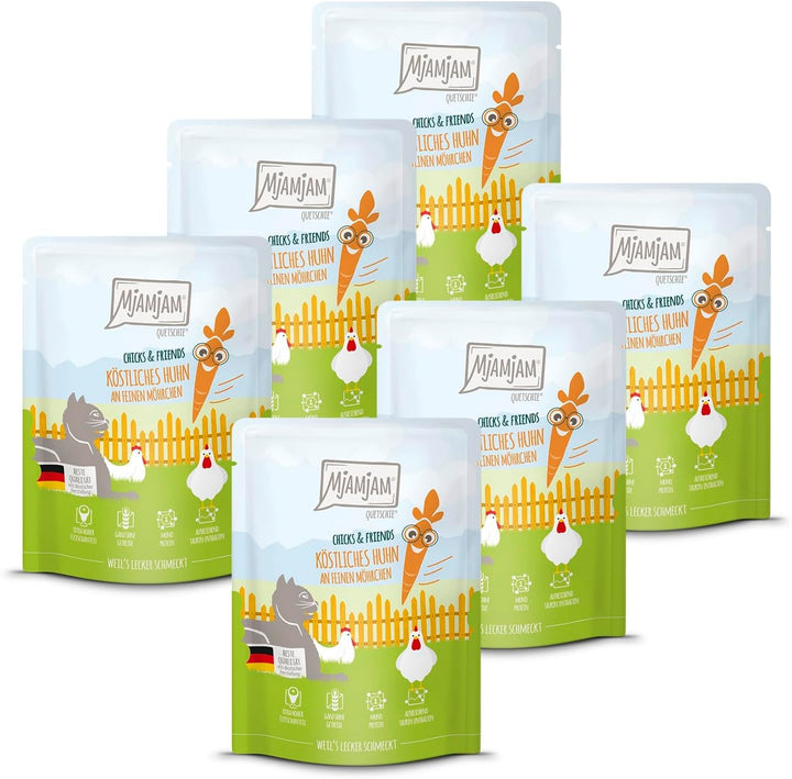 Mjamjam - Hrană umedă premium pentru pisici - Chicks & Friends Box, 9 pachete (9 X 300G), fără cereale și cu carne suplimentară