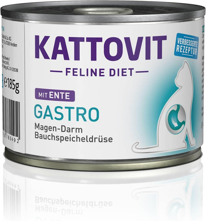 KATTOVIT - Gastro Hrană umedă pentru pisici | Hrană umedă pentru pisici pentru susținerea sistemului gastrointestinal | Hrană dietetică completă într-o cutie pentru pisici adulte. Fără gluten | 12 X 185 G E
