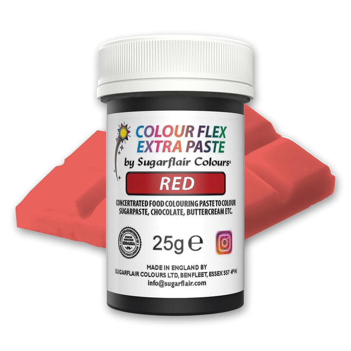 Colorant alimentar Sugarflair Colourflex Extra Paste, roșu - Colorant alimentar comestibil pentru cremă de unt, ciocolată, pastă de zahăr, glazură, fondant, mixuri pentru prăjituri, aluat și multe altele - 25g