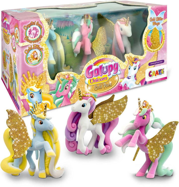 Galuppy Unicorn - 3 Paketpaket Einhorn, Einhornspielzeug, Pony -Figuren mit glänzenden Flügeln und Swarovski -Kristall