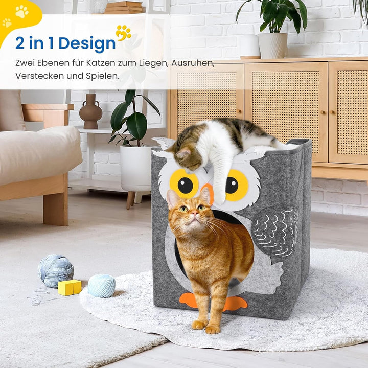 Dripex Peșteră pentru Pisici, Căsuță din Fetru cu 2 Niveluri, Inclusiv Pernă, Peșteră Pufoasă pentru Pisici, unde pot Dormi, Se Ascunde și Se Joacă, 30 x 35 x 35 cm (Bufniță)