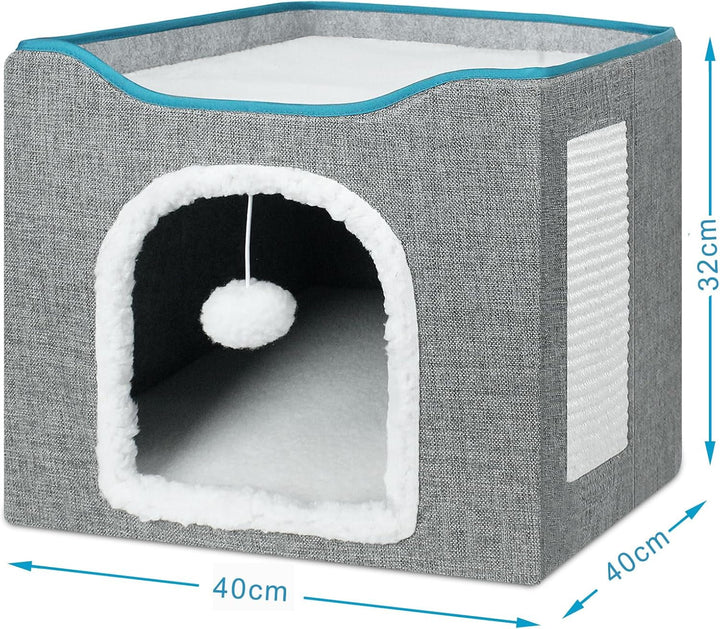 BRIAN & DANY Peșteră pliabilă pentru pisici, căsuță mare pentru pisici, peșteră pentru pisici de interior cu zgârietură și minge de joacă, 40 x 40 x 32 cm, gri