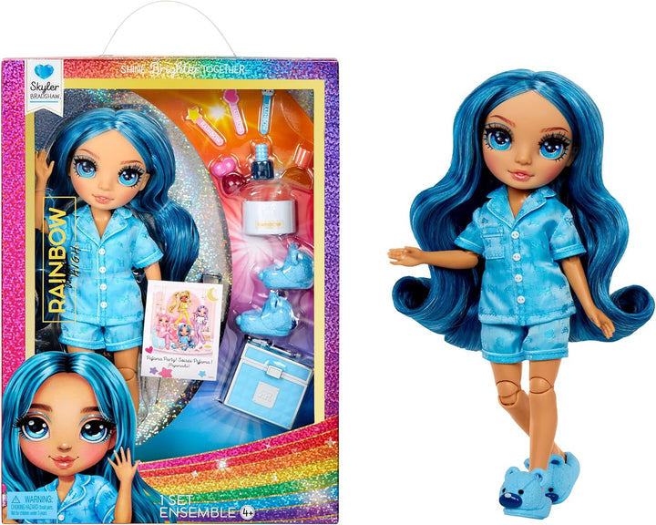 Rainbow High Junior High PJ Party - Sunny (galben) - păpușă de 22 cm cu salopetă moale, papuci și accesorii de joacă - jucărie pentru copii - ideală pentru 4-12 ani Papusi Naty Shop Skyler