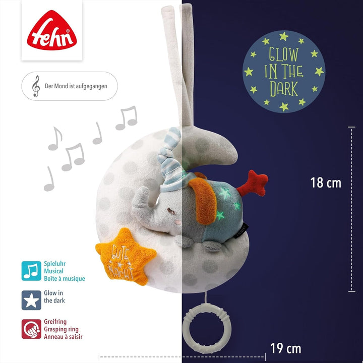 Fehn cutie muzicală copil elefant în lună - broderie "Glow-in-the-dark" cu melodia "The moon has risen" - jucărie de pluș pentru a vă ajuta să adormiți - jucărie pentru copii în mișcare și acasă - de la 0+ luni Jucarii Bebe Naty Shop