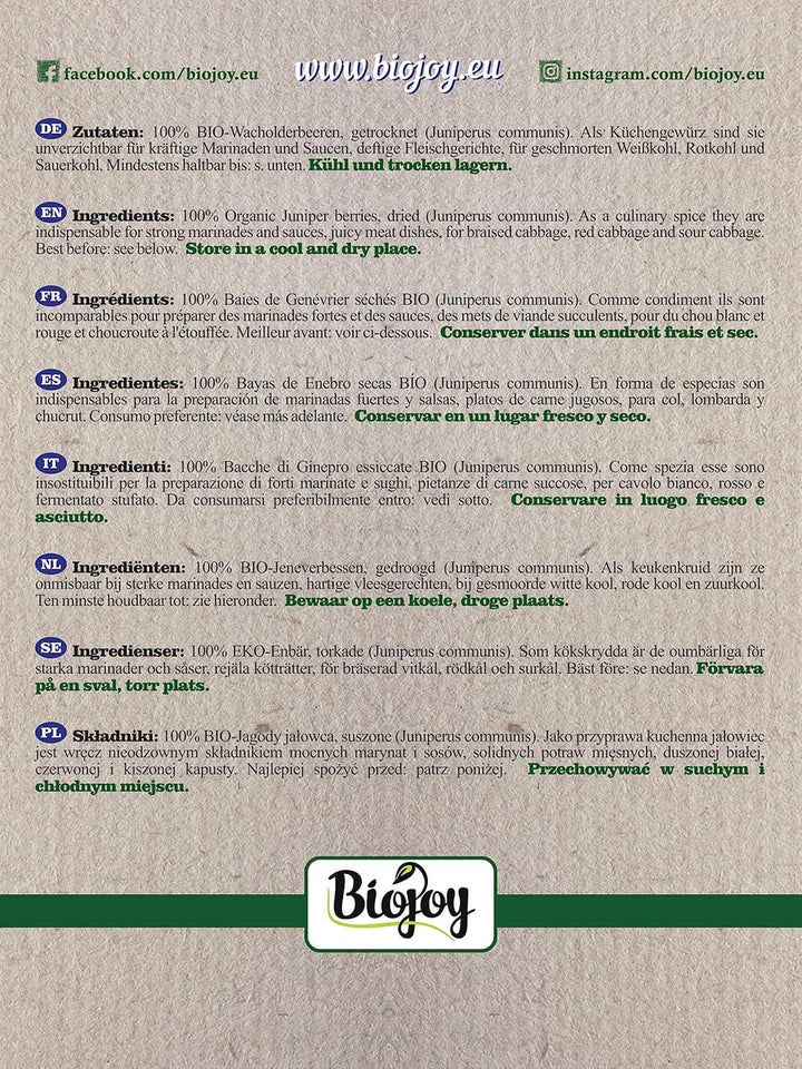 Biojoy fructe de ienupăr bio (250 g), uscate și întregi, fără aditivi (Juniperus communis) Produse deshidratate Naty Shop