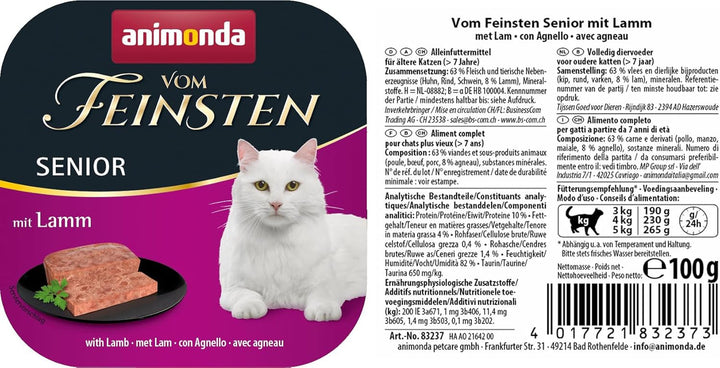 Animonda Vom Feinsten Senior Cat Food Wet Wet Food With Lamb (32 X 100G), Hrană pentru pisici de la 7 ani, Fără cereale Fără zahăr, Cu ingrediente proaspete, din carne