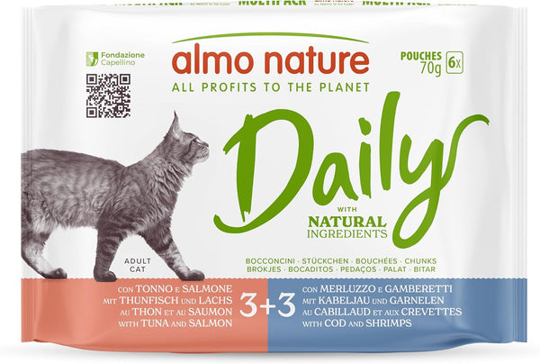 Almo Nature Daily Complete Wet Food pentru pisici adulte - cu ton și somon - cu cod și creveți - bunătăți - 6 pungi a 70g