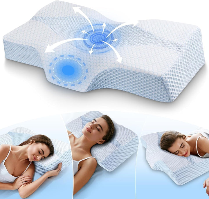 Pernă pentru gât din spumă de memorie Pernă ortopedică ergonomică Pentru dureri de gât și umeri - Pernă de dormit răcoritoare Pentru cei care dorm lateral, pe spate și pe stomac Cu suport pentru gât Perne ortopedice cervicale Naty Shop 02-Albastru 63.5Cm*40.6Cm*10.7/13.2Cm