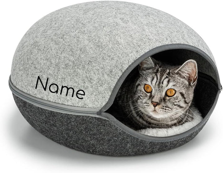 Peșteră pentru pisici Lionto din fetru robust, peșteră confortabilă pentru pisici cu fermoar, 46 x 38 x 24 cm, pat confortabil și modern pentru pisici cu pernă moale și lavabilă, gri