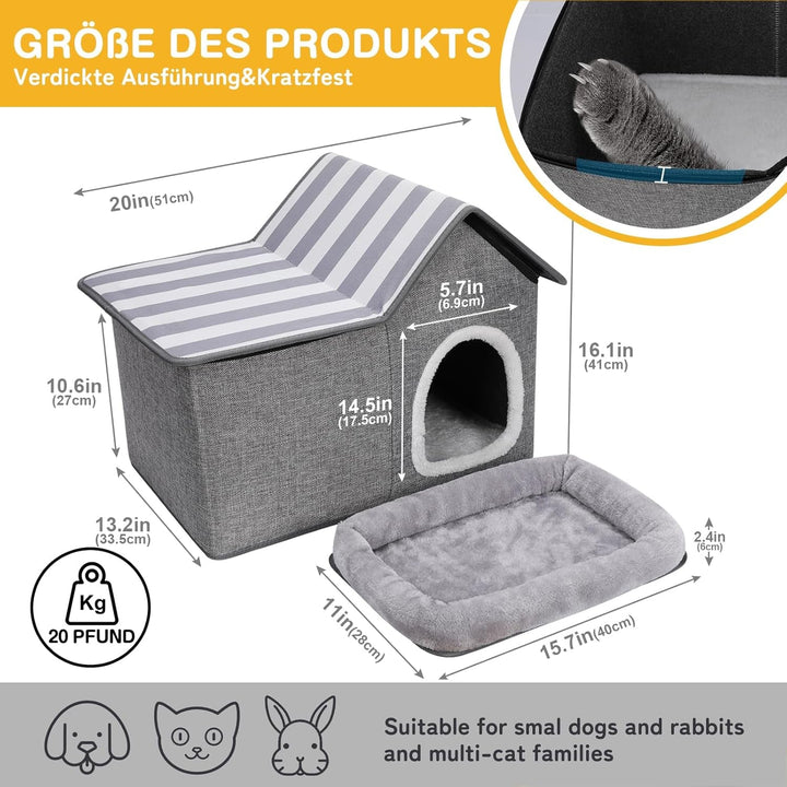 Pat pentru pisici Zvonema, Peșteră pentru pisici, Pat lavabil pentru câini, Pat pliabil 2 în 1 pentru animale de companie, Casă pentru pisici de interior cu pernă detașabilă din pluș, Îmbunătățește somnul, Casă pentru pisici de exterior, pentru căței