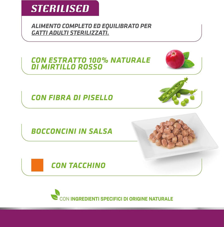 Natural Sterlisied Adult Hrană umedă pentru pisici cu curcan și fibre de mazăre, 12 pungi X 85 G - 1020 G