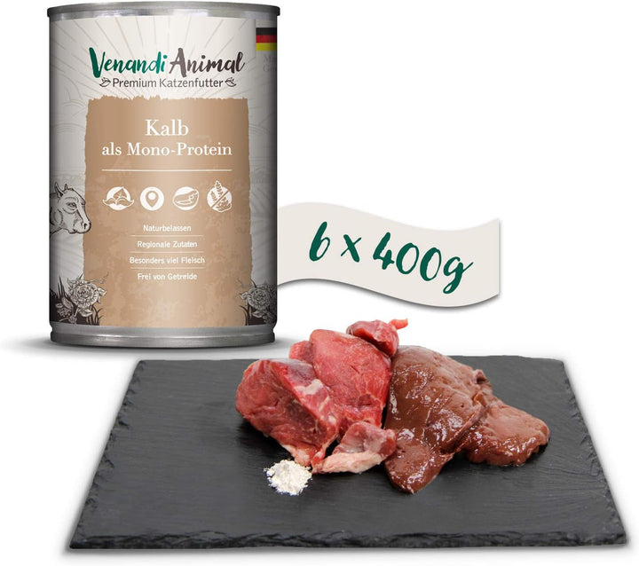 Venandi Animal - Hrană umedă premium pentru pisici - vițel ca monoproteină 6Pack (6 X 400 G), fără cereale, monoproteină