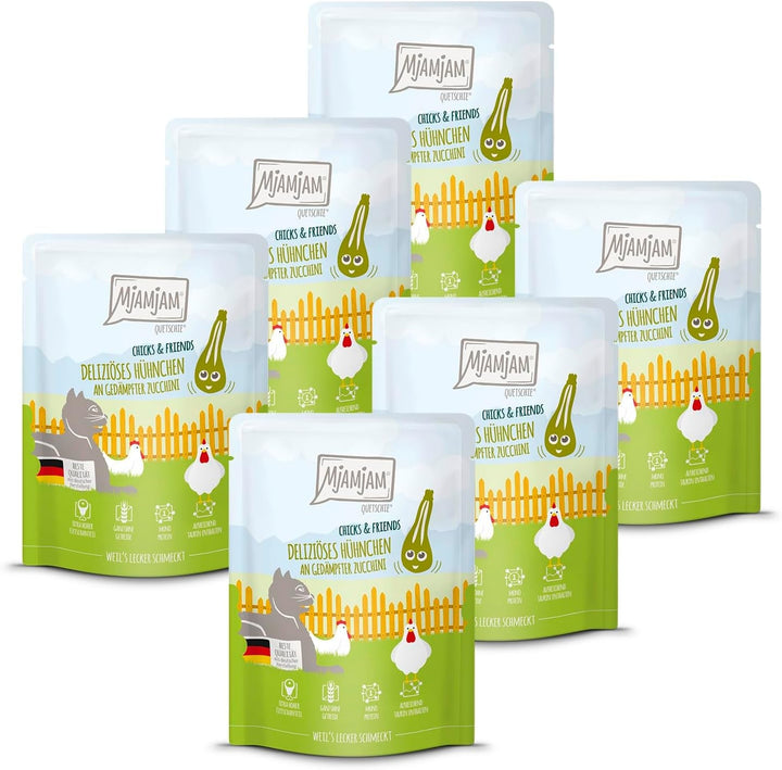 Mjamjam - Hrană umedă premium pentru pisici - Chicks & Friends Box, 9 pachete (9 X 300G), fără cereale și cu carne suplimentară