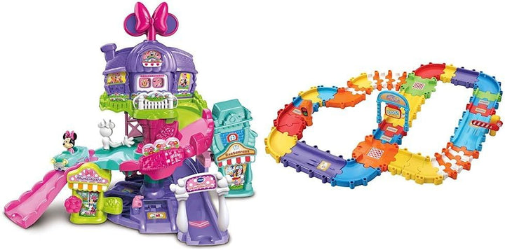 Vtech 80-521804 TUT TUT Baby Speedster - Minnie's Shopping Adventure & TUT TUT Baby Speedster - Deluxe Road Set - Set mare de expansiune cu 46 de piese și accesorii de construit 1-5 ani Jucarii Bebe Naty Shop Pachet cu mașina de pompieri Baby Flitzer