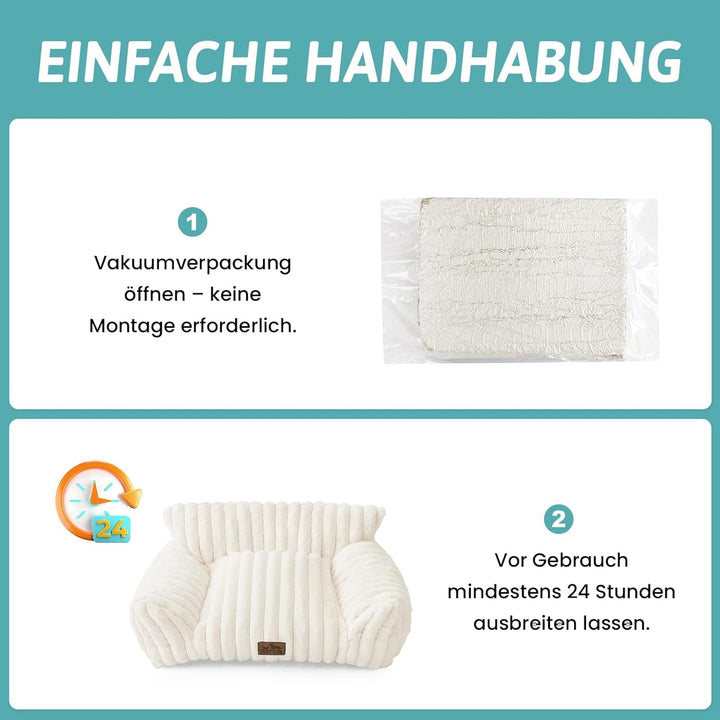 Canapea COZY KISS pentru pisici mici și mari, pat confortabil pentru pisici cu margini de susținere și bază antiderapantă, lavabil, blană artificială moale, ideal pentru sufragerie sau dormitor (crem, 65 x 44 x 30)