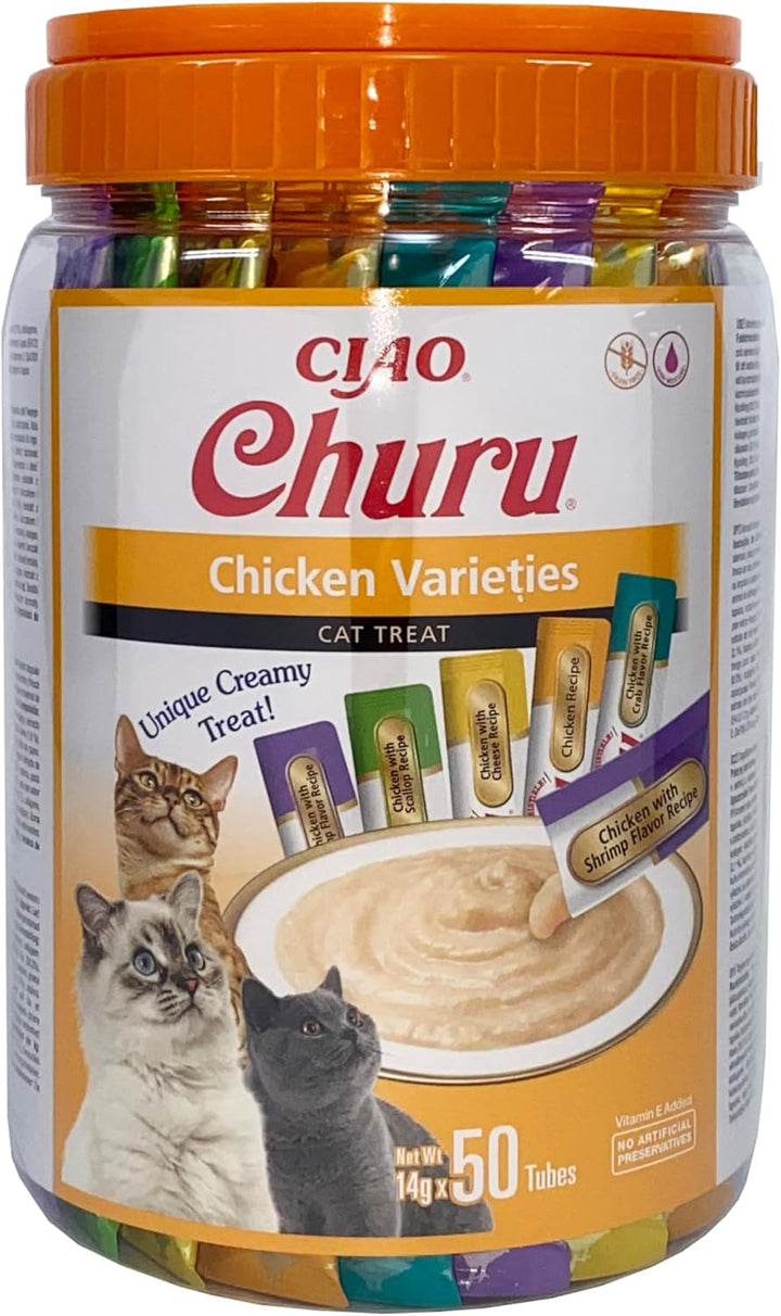 INABA Churu Cat Treats No By-Products Creamy Snack, Variety Box With Chicken | Fără cereale, fără zahăr, cu conținut scăzut de calorii, 100% carne naturală, Tratamente premium pentru pisici din Japonia