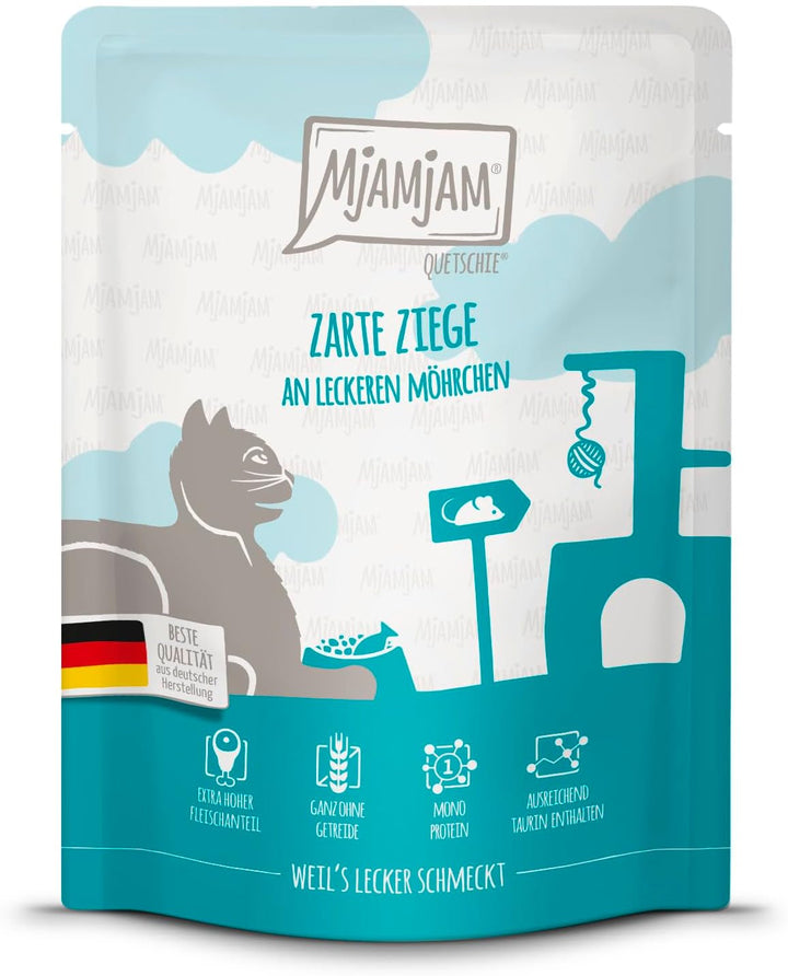 Mjamjam - Hrană umedă premium pentru pisici - Quetschie - Capră tandră cu morcovi delicioși, 1 pachet (1 X 300 G), fără cereale cu extra carne