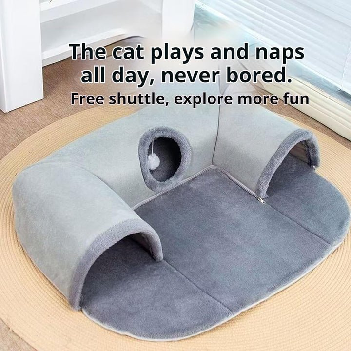 Tunel pentru pisici în formă de U, pat pentru pisici cu tub de joacă, jucărie de-a v-ați ascunselea lavabilă și detașabilă, combinație interactivă de joacă și somn pentru pisici de interior (mărime mică)